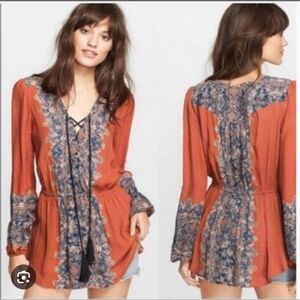 Free People Terracotta and Blue Lace-Up Tunic Blouse_Med
